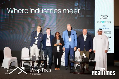 Alexander Morari on stage with the session group at Future PropTech Summit 2025 in Dubai.