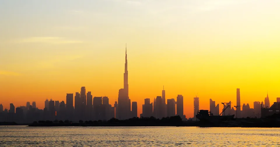 Dubai skyline and Burj Khalifa at sunset from Dubai Creek Harbour, the city whose office buyers are hard to trace