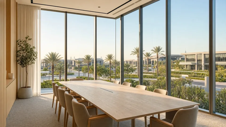 AI concept illustration of a bright meeting room with a long oak table and glass walls over a low-rise business campus
