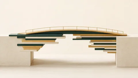 Conceptual illustration: a gold footbridge spanning two pale plinths, carried on stacked, offset layers of green, off-white and gold of different lengths.