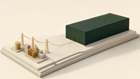 Conceptual illustration: a model of a windowless dark green data hall on a pale plinth, fed by thin gold cables from a small abstract substation.