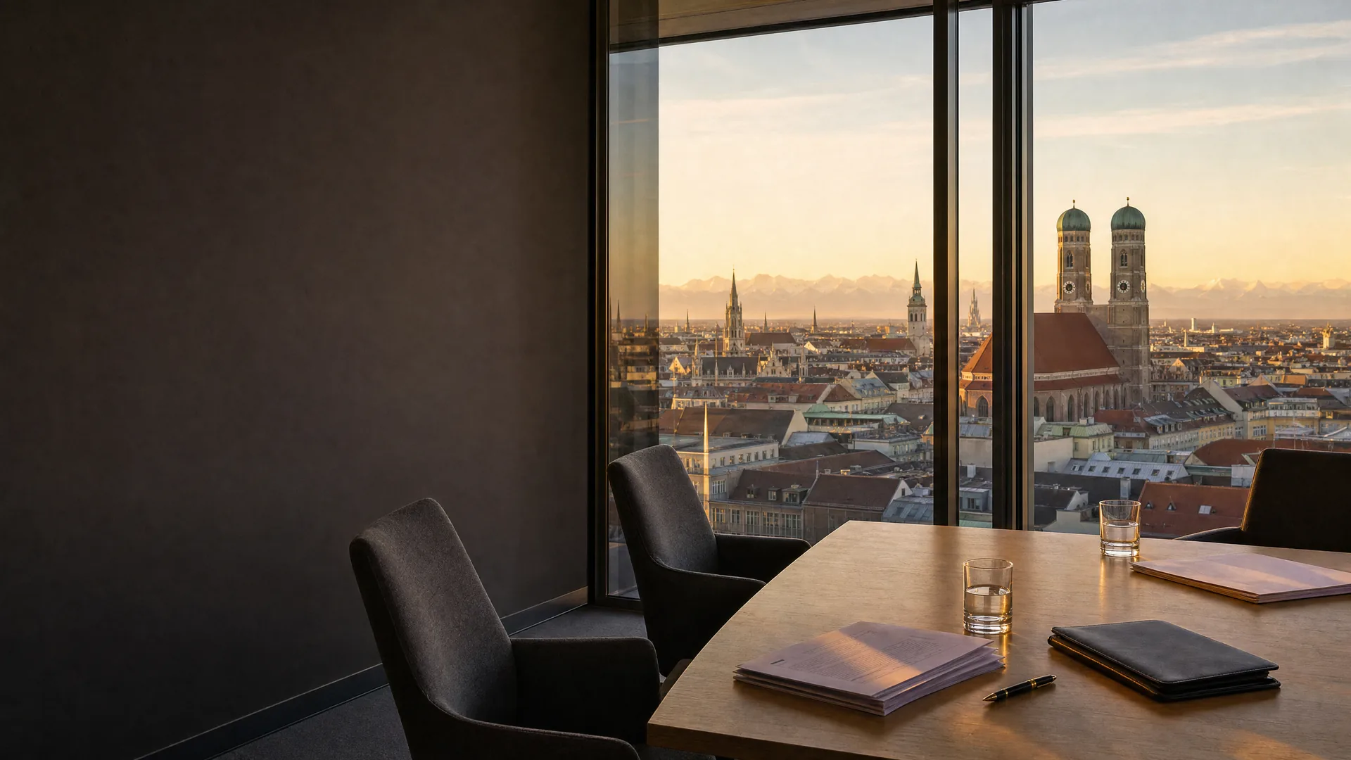 Conceptual illustration: an empty meeting room at golden hour, papers and a leather folio on an oak table, chairs pushed back, and the Munich skyline with the Frauenkirche towers and the Alps through the glass.