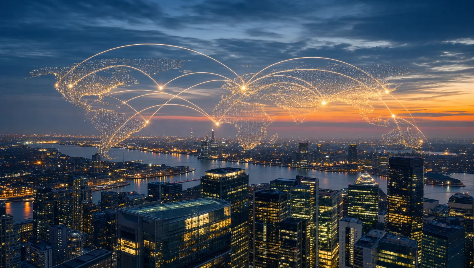 Lines of light arcing over a night skyline, tracing capital flows between cities