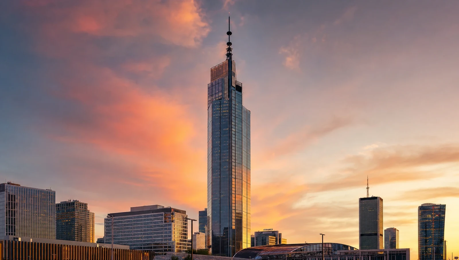 Varso Tower and the Warsaw skyline at sunset