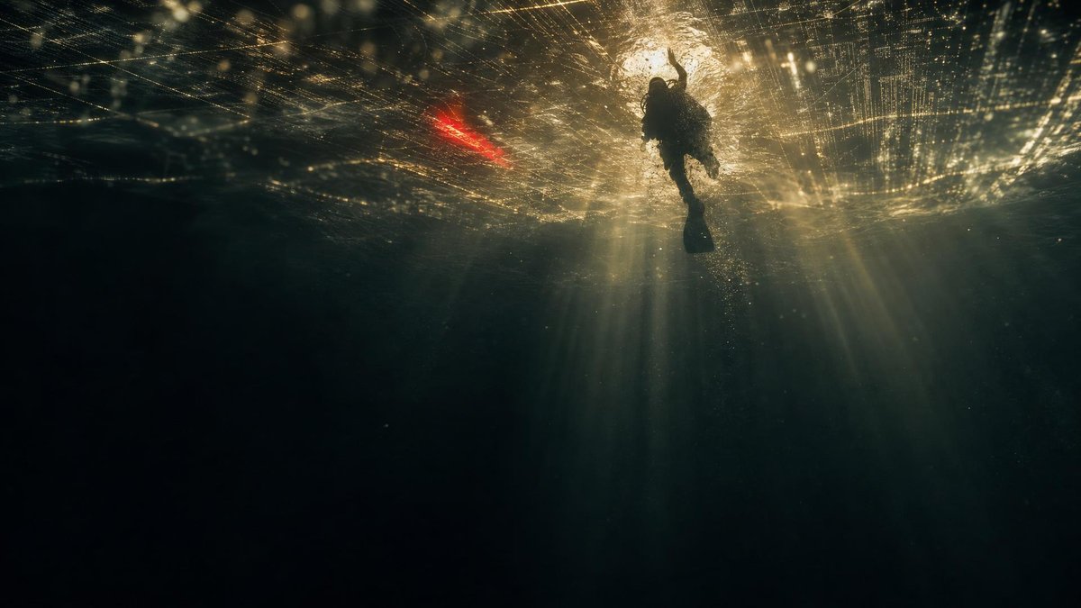Illustration of a diver descending through gold light and data into deep water