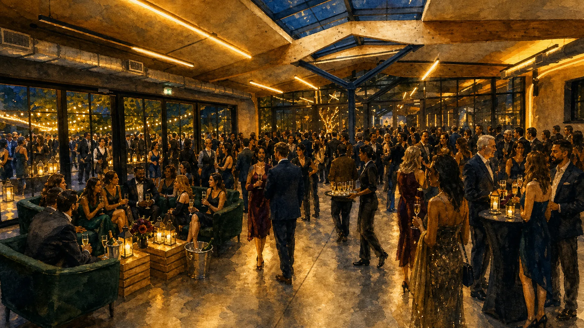 B'Fort lounge area at night, watercolor of intimate networking space
