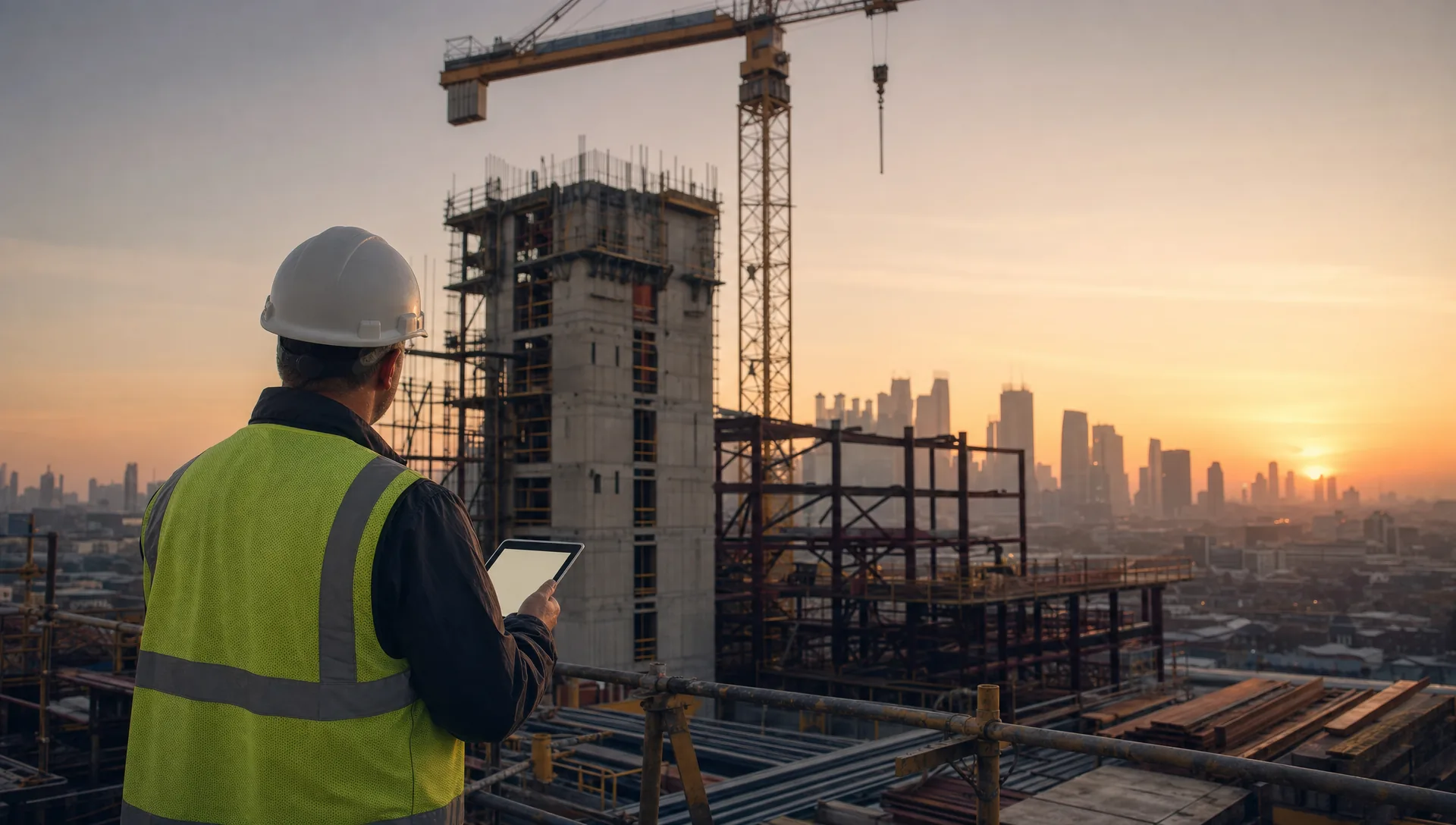 A London construction site at golden hour with a tower crane, an engineer seen from behind holding a tablet.