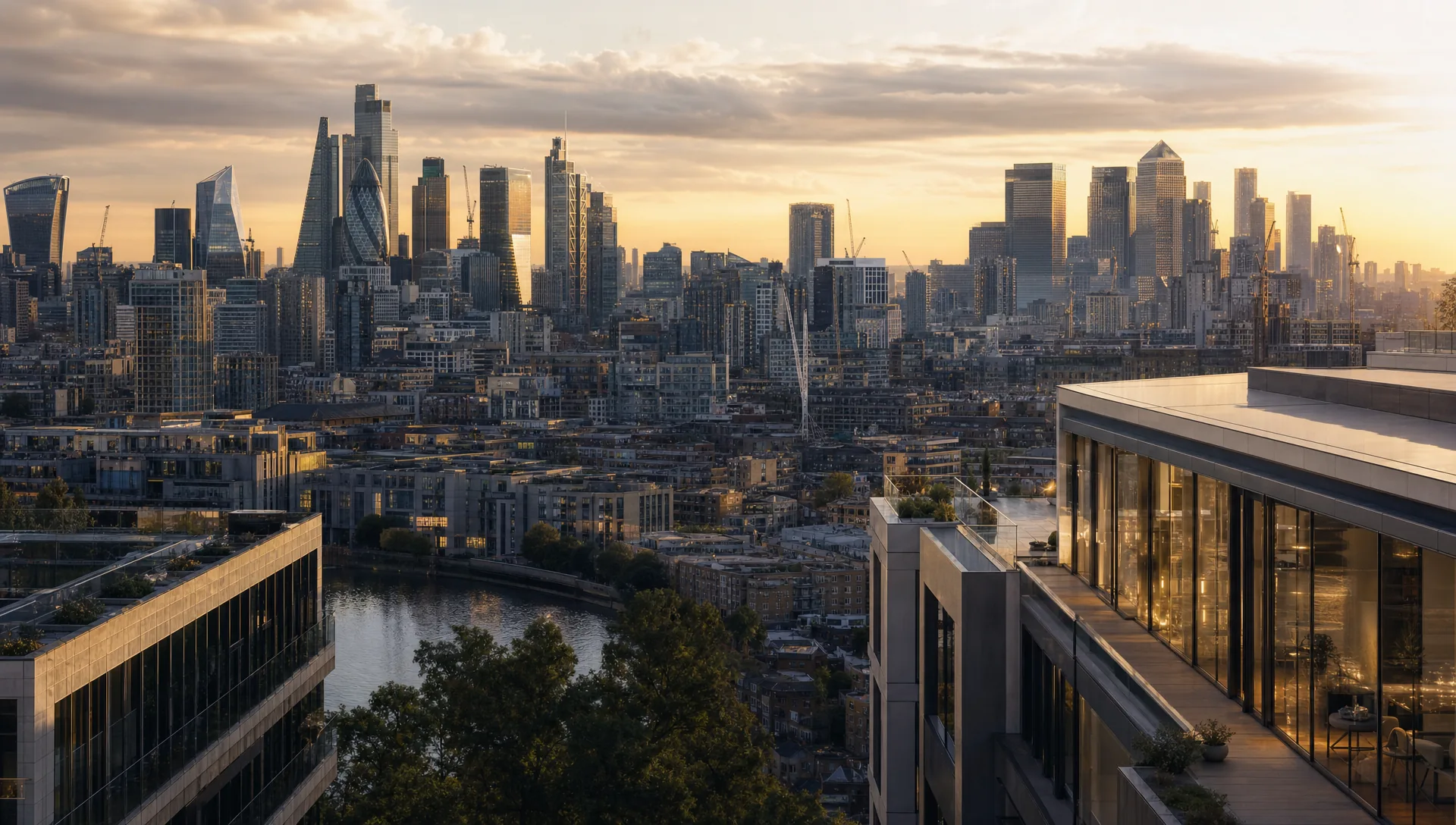 The London skyline at golden hour, the City and Canary Wharf rising beyond rooftop terraces and the Thames.