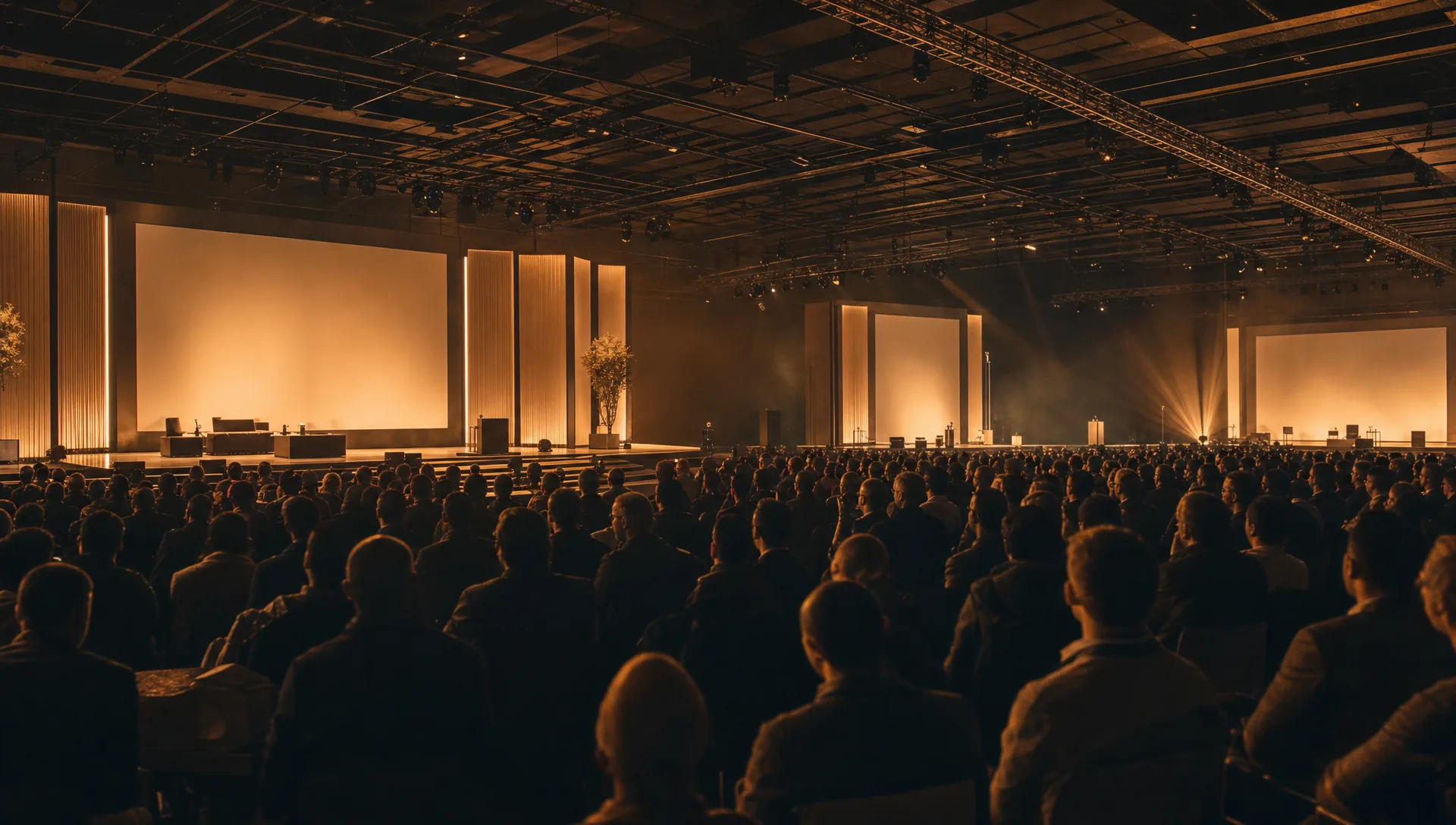 A wide view of a large conference hall with several stages lit in warm amber, the audience seen as silhouettes.