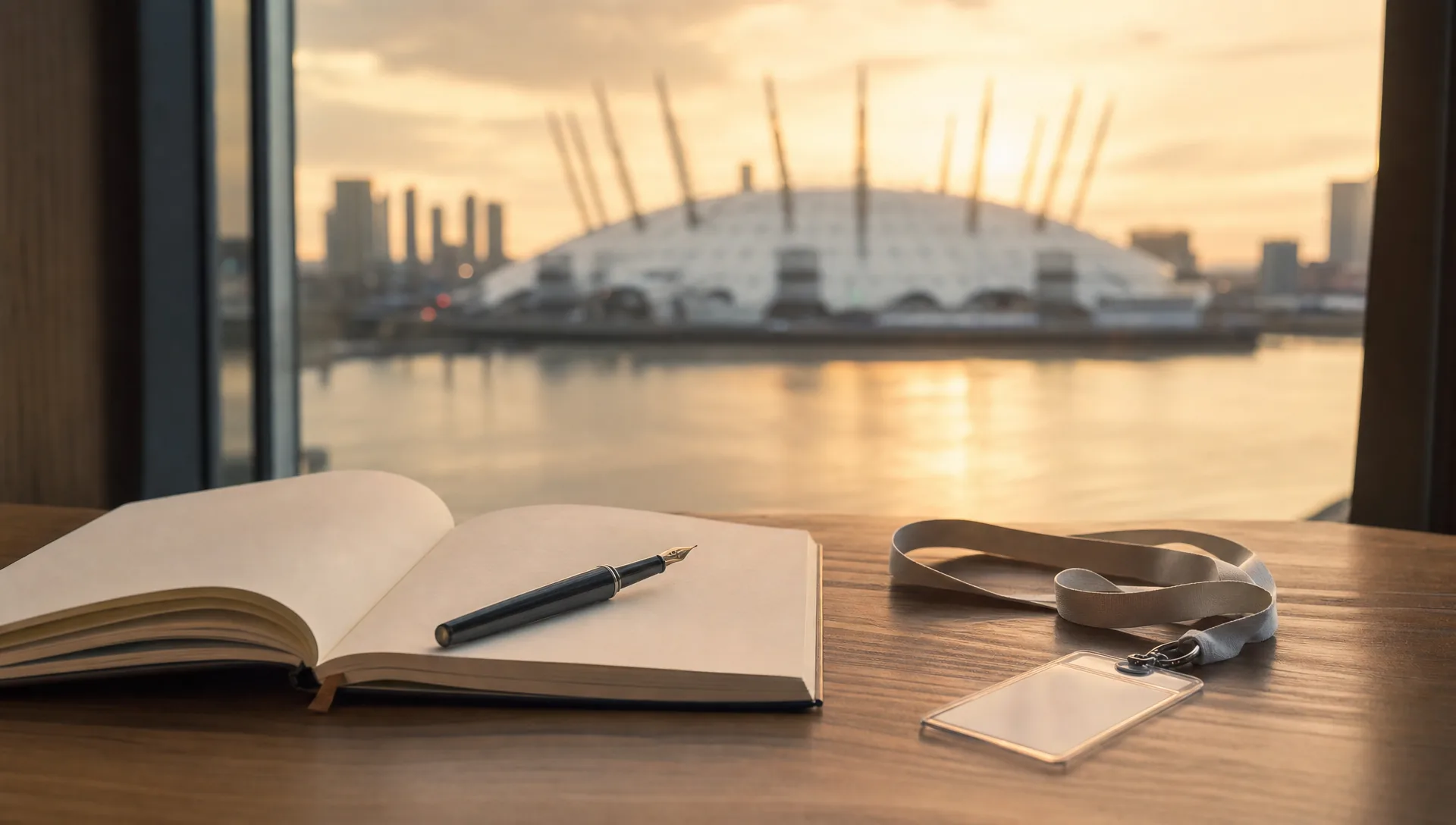 An editorial desk with an open notebook, pen and plain press lanyard, the O2 dome soft in the window behind at golden hour.