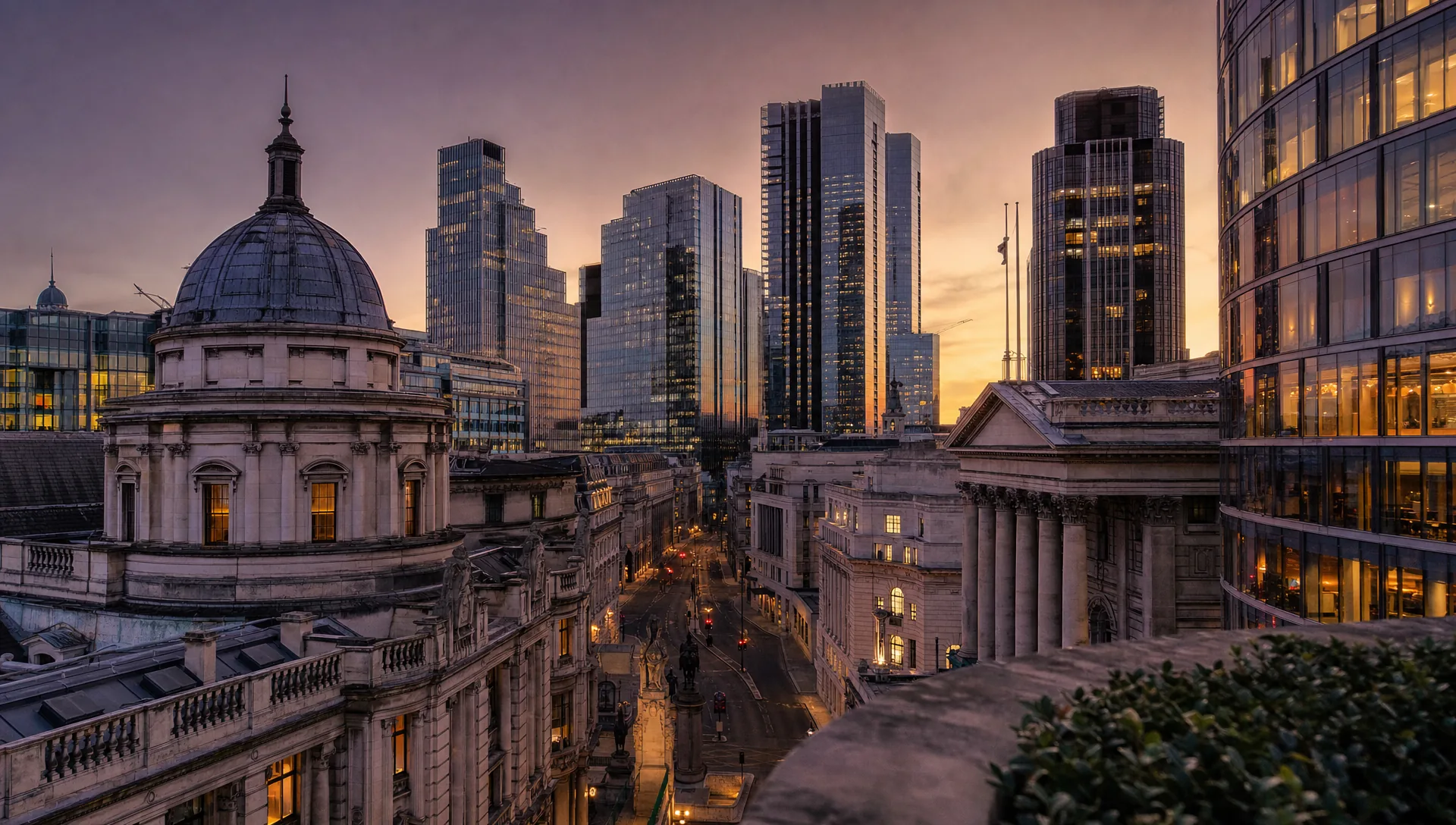 The City of London financial district at dusk, historic domes against glass towers, a capital-markets mood.