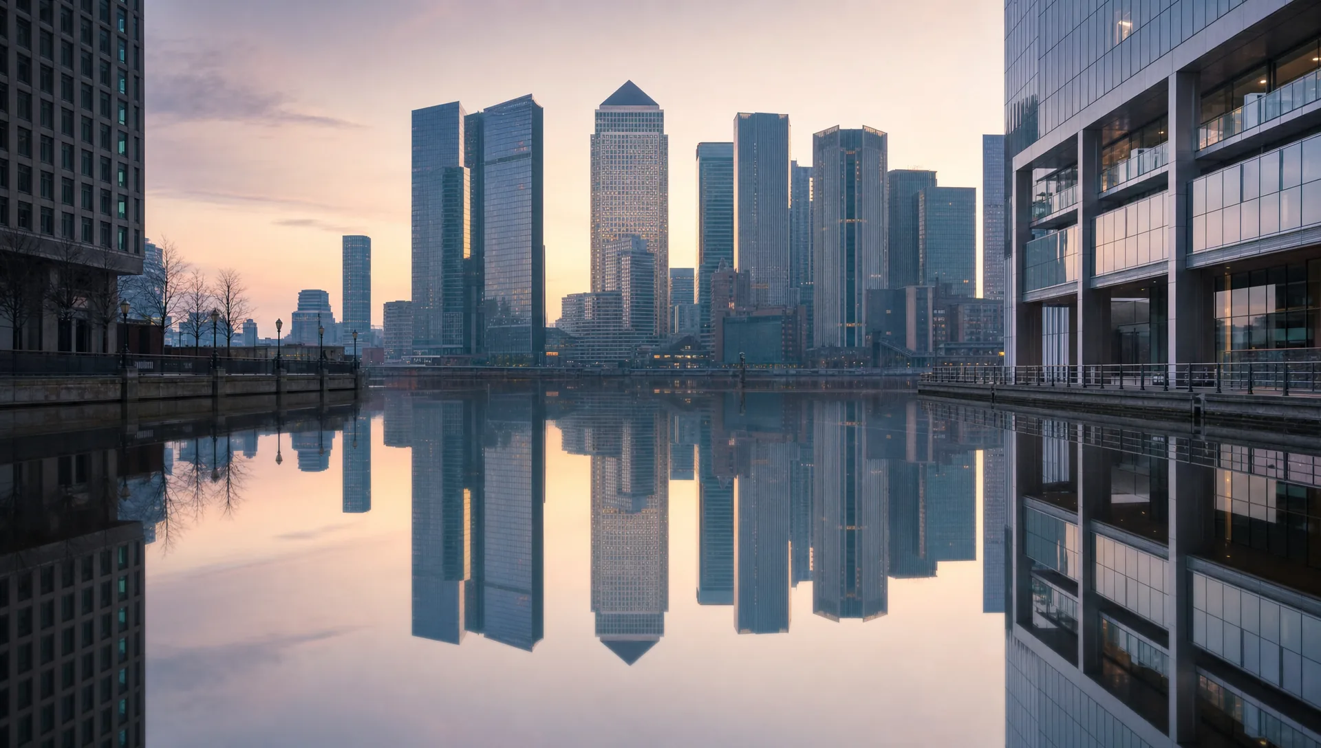 Canary Wharf towers reflected in still dock water at dawn, pale pink and gold first light over an empty waterfront.