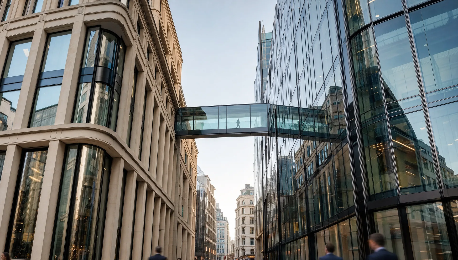 Two City of London office buildings, one in warm Portland stone and one in glass and steel, joined high above the street by a glass sky-bridge in early-morning light.